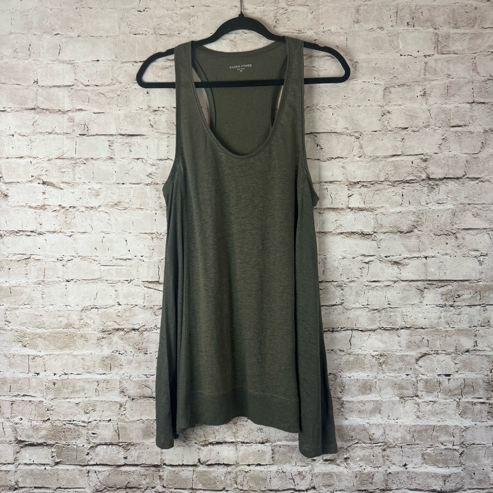 Eileen Fisher Womens XS Olive Green 100% Linen Tunic Tank Top X-Small Racer Back